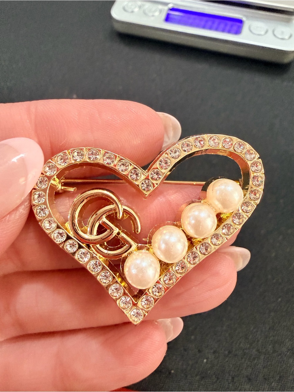 Gold Tone Heart Brooch Pin Rhinestone Faux Pearl Elegant Statement Jewelry